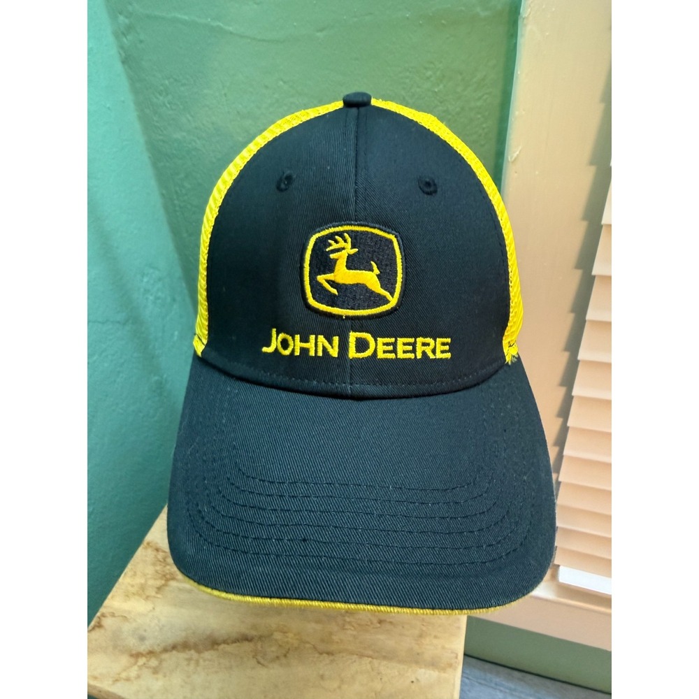 John Deere Mesh Trucker Snapback Hat Cap Farm Outdoors Unisex Adult Black Yellow